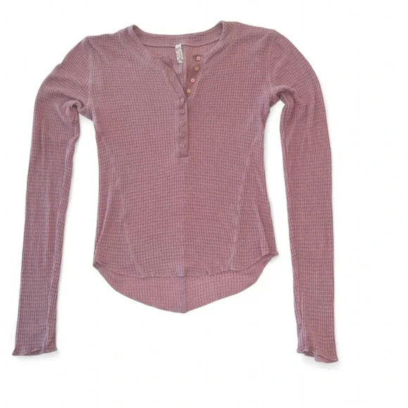 Free People Waffle Knit Henley Top Mauve Long Sleeve Boho Thermal S - Picture 5 of 9